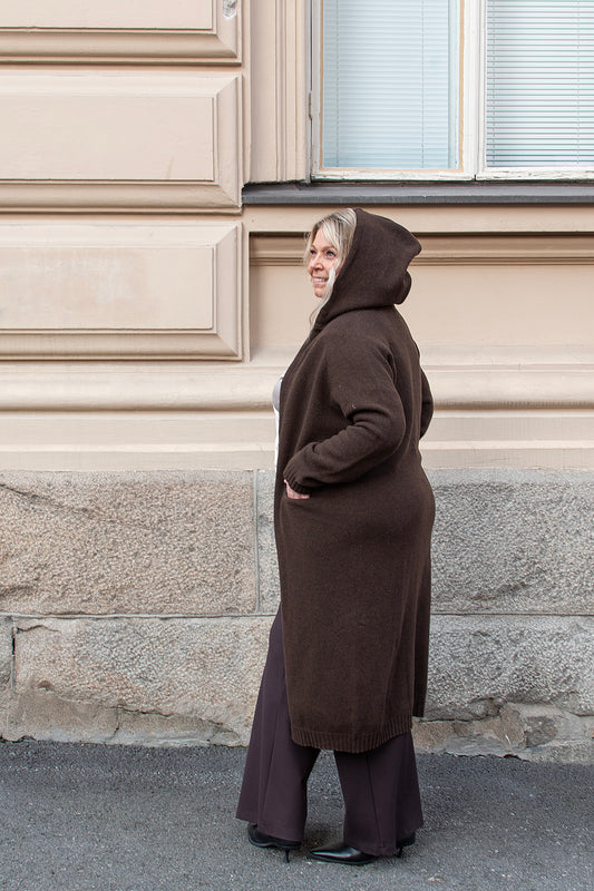 WOOL Love Long Hoodie Cardigan -neuletakki, tummanruskea