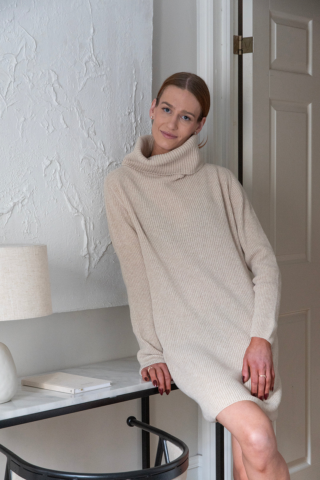 WOOL Warm Long Polo Knit -neule, vaaleanbeige