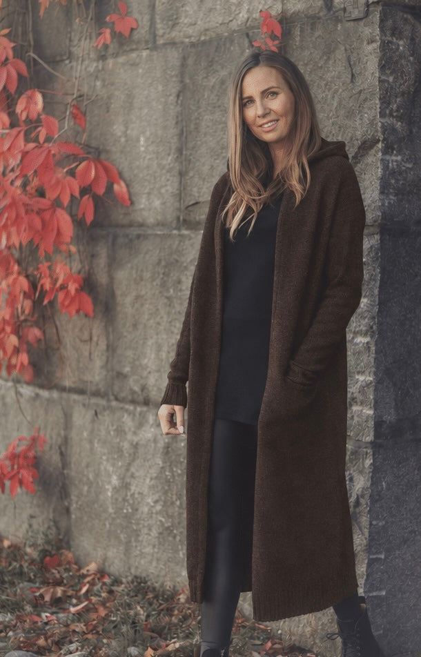 WOOL Love Long Hoodie Cardigan -neuletakki, tummanruskea